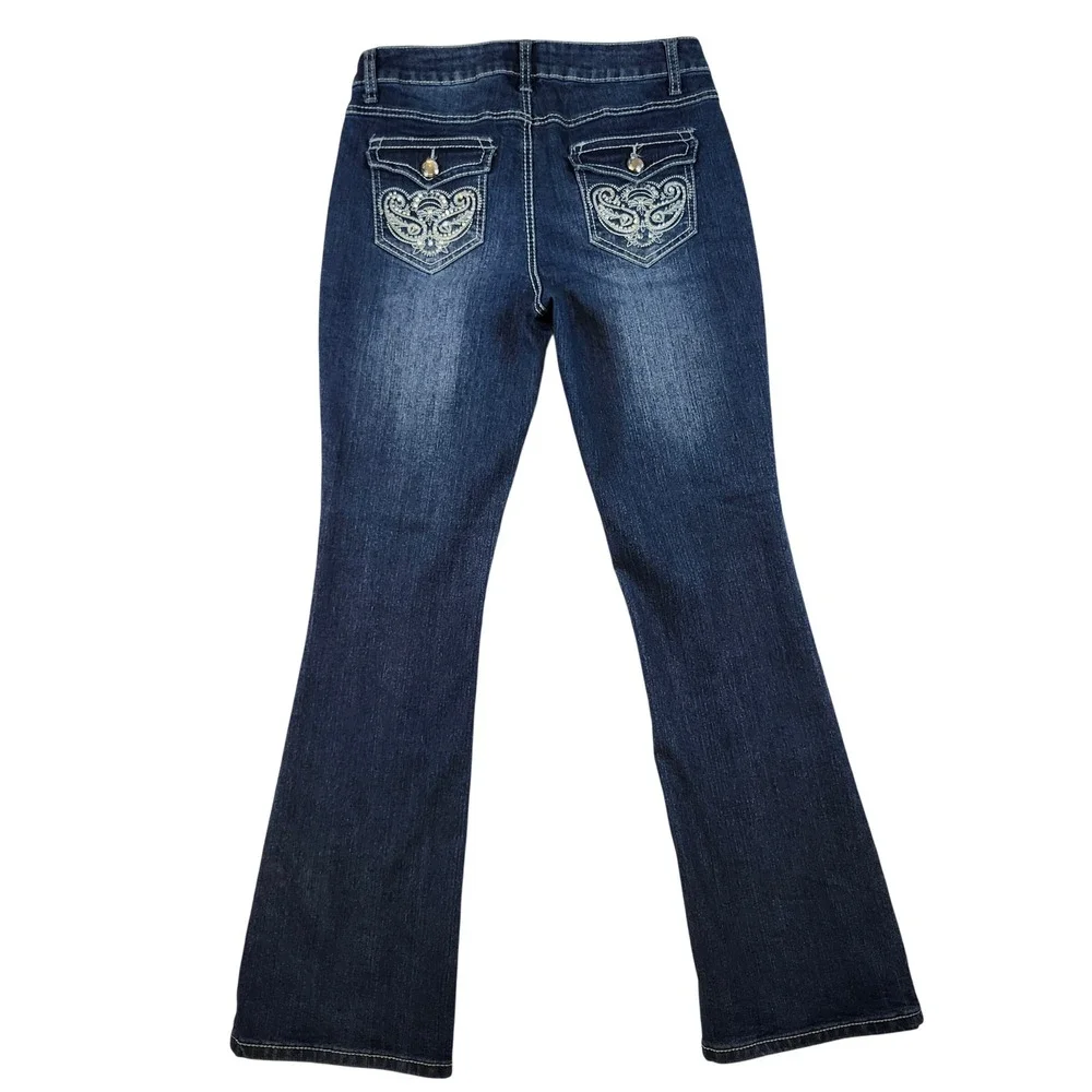 One 5one Bootcut Jeans Women 8 Dark Wash Blue Excellent Embroidered Rhinestone - Picture 2 of 15